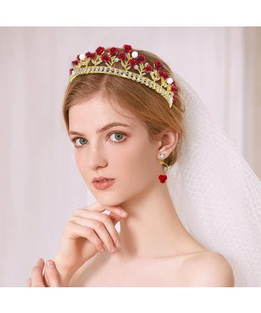 Red Rose Bridal Wedding Queen Crown Set - Gold Baroque Princess Tiara with Pearls, Crystals, and Rose Pendant - Ideal for Women and Girls - Buy Online on GoSupps.com