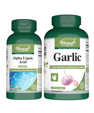VORST Alpha Lipoic Acid 600mg 90 Vegan Capsules & Garlic 180 Vegan Capsules (Combo Bundles 2 Bottles)