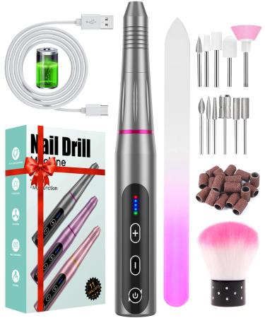 Electric Nail Files Cordless Nail Drill Rechargeable 5 Adjustable Speed E File Professional Electric Nail Drill for Acrylic Nails with 20000 RPM Portable Manicure Pedicure Kit Gifts for Women Mum Grey