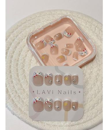 Short Squoval Nude French Hello+ + Kitty Cute Diamond Fake Press On Nail Set - Buy Online on GoSupps.com