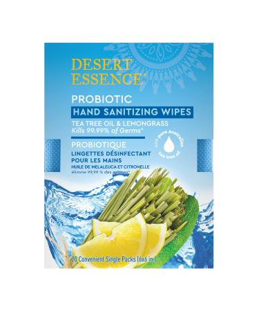 Desert Essence Probiotic Hand Sanitizing Wipes Lemongrass 20 ct Individual Wipes - Gluten-Free Vegan Cruelty Free - Kills 99.99% of Germs Helps Condition Skin Moisturize & Cleanse