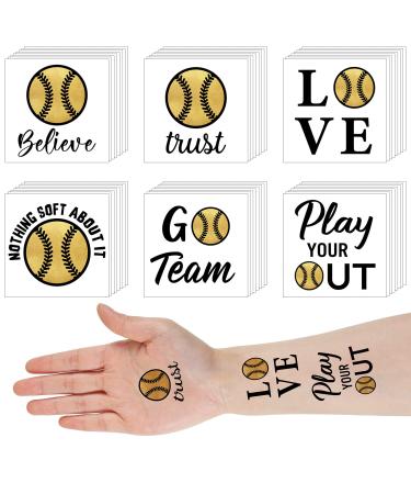 120 Pcs Softball Temporary Tattoos for Team Softball Team Gift Sports Waterproof Body Temporary Stickers Gold Softball Tattoo for Softball Team Boys Girls Fans Party Supplies  6 Styles