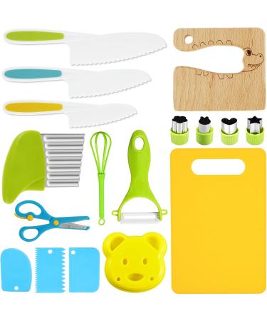 Abizarch 17Pcs Kids Cooking Cutter Set Safe Reusable Plastic Toddler Kitchen Cutter Set with Wooden Cutter Serrated Cutter Chopping Block Peeler Sandwich Cutter for Cutting Fruit Vegetable ZHAZHAMO 17 pieces - Buy Online on GoSupps.com