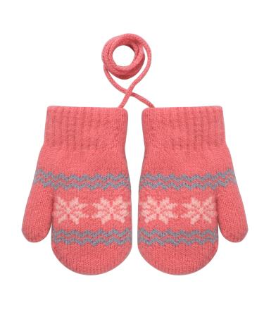 Infant Toddlers Lovely Mittens Winter Warm Cute Cartoon Gloves Dual Layers Plush Padded Knitted Gloves Mittens With Anti-Lost String for Baby Girls Boys 0-3 Years Old Rosy #a