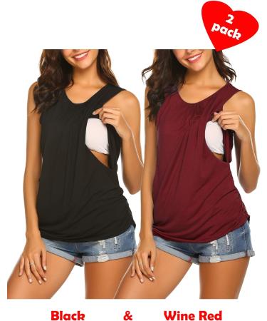 UNibelle Maternity Nursing Tank Top - Double Layer Sleeveless Pregnancy Shirt for Women, S-XXL (2pcs Black + Wine Red) - Buy Online on GoSupps.com