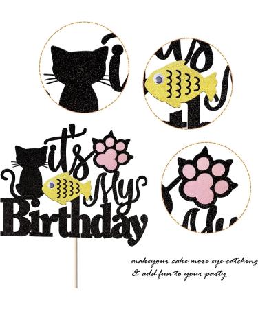 Happy Birthday Cat Cake Topper - Glittery Black Kitten Decoration for Birthday Baby Shower & Wedding Parties - Buy Online on GoSupps.com