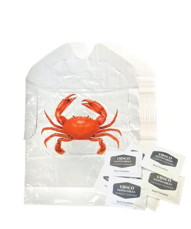 Crab Bib & Wet Wipe Bundle- 25 Disposable Bibs and 25 Moist Towelettes for Crawfish Boil, Seafood Fest, or Home Dinner Party