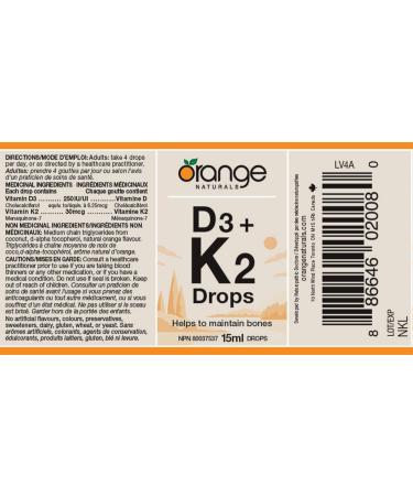 Orange Naturals - Vitamin D3+K2 Drops 250IU - Natural Orange Flavour MCT 15ml - Support Bone Teeth Health Reduce Osteoporosis Maintain Muscle Enhanced Absorption & Prevent D Deficiency Cholecalciferol 15 ml (Pack of 1) - Buy Online on GoSupps.com