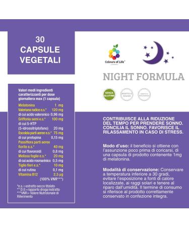 Colors Of Life Night Formula Melatonin Valerian Passionflower & Melissa Supplement - 30 Vegetarian Capsules - Buy Online on GoSupps.com