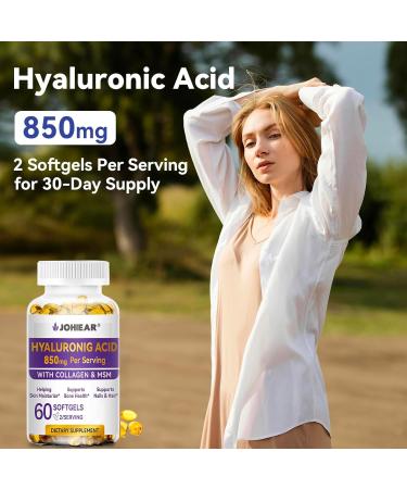 Johiear Hyaluronic Acid Supplements 850mg High Bioavailable Dietary Hyaluronic Acid Capsules Double Strength Skin Hydration Eye Health Hair & Nails Growth Support 60 Softgels 2 Pack - Buy Online on GoSupps.com
