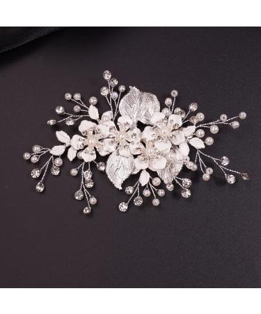 Dainty Bridal Flower Hair Clip in Silver - Handmade Wedding Hair Accessory with Gold Leaf, Crystal, and Pearl for Women and Girls - Buy Online on GoSupps.com