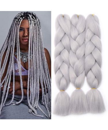 24" Braids Extensions Braiding Hair Extensions Crochet Hair Synthetic Hair Kanekalon Colorful 3 PCS Silver-Gray