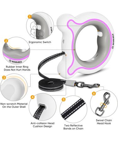 Hailoly 3m Roller Linen Dog Leash for Medium Dogs - 360 Rotatable Chain Head LED Night Light & Rainbow Ring - Perfect for Dogs Up to 30kg (White) - International Shipping - Buy Online on GoSupps.com