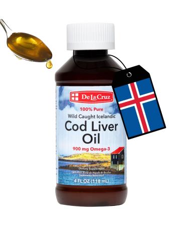 De La Cruz Cod Liver Oil Liquid - Pure Wild-Caught Icelandic Fish Oil 4 FL OZ (118 mL) 4 Fl Oz (Pack of 1)