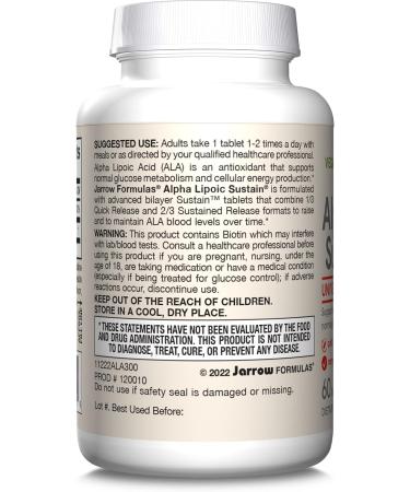 Jarrow Formulas Alpha Lipoic Sustain with Biotin - 300 mg Antioxidant Dietary Supplement 60 Vegan Tablets for Optimal Health - International Shipping Available - Buy Online on GoSupps.com