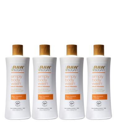 RAW SUGAR Simply Body Wash - Raw Coconut + Mango Moisturizing & Soothing Bath & Shower Gel Formulated without Sulfates and Parabens & Vegan (Pack of 4) Raw Coconut + Mango 4pk