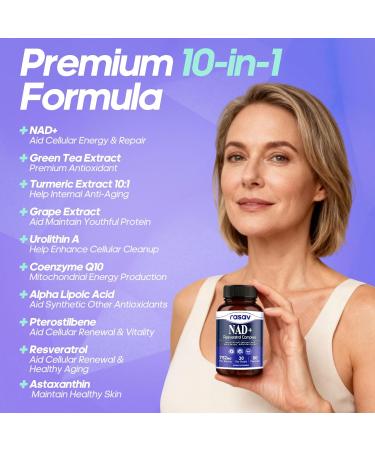 Rasav NAD Supplement 10-in-1 Extra Strength NAD Resveratrol with CoQ10 Urolithin A Green Tea Extract & ALA NMN Supplement Alternative for Women & Men - Buy Online on GoSupps.com