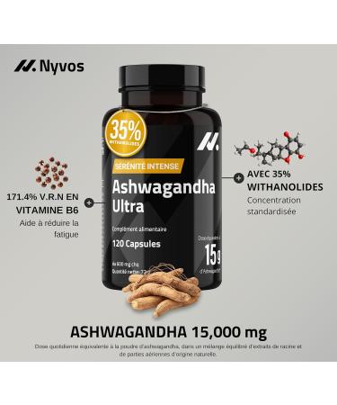 Ashwagandha Shoden Ultra 35% de Withanolides 15 000 mg quivalent | 7x plus concentr que l Ashwagandha KSM-66 | Soutien la concentration au sommeil profond et l nergie | 120 g lules Nyvos - Buy Online on GoSupps.com
