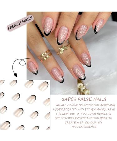 Stick On Nails French Nail Tips - 24 Pcs Short False Nails with Glue - Glitter Black Edge Almond Gel Press on Nails - Acrylic Stick on Nails for Women and Girls (Glitter Black Side) - Buy Online on GoSupps.com