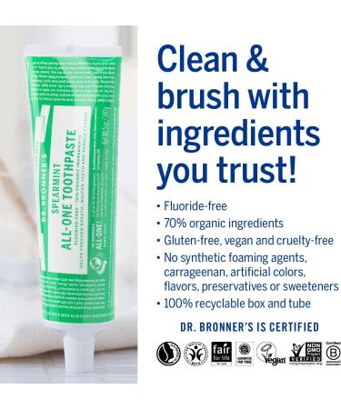 Dr. Bronner's Spearmint Toothpaste - Fluoride-Free Vegan & Organic Coconut Oil - 105 ml Tube - Buy Online on GoSupps.com