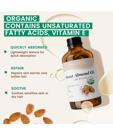 PHATOIL Organic Sweet Almond Oil for Skin 118 ml (4 fl.oz) USDA Certified Organic Cold Pressed Almond Oil in Glass Bottle for Hair Face Body Moisturizer Carrier Oil for DIY Massage Sweet Almond Oil 4 Fl Oz (Pack of 1) - Buy Online on GoSupps.com