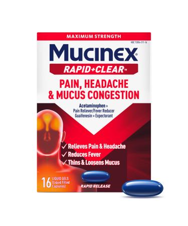 Mucinex Rapid+Clear Maximum Strength Cold Medicine & Expectorant Fever Pain Headache & Excess Mucus Relief with Acetaminophen & Guaifenesin Rapid Release Liquid Gels for Adults 16 Count 16 Count (Pack of 1) Liquid Gels