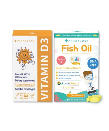 PHARGOODS+ Baby Vitamin D3 Drops+Kids Fish Oil Softgels Complete Daily Nutrition for Babies & Kids Immune Bone Brain & Vision Support Pediatrician Developed 1200 Vitamin D Servings+60 Softgels