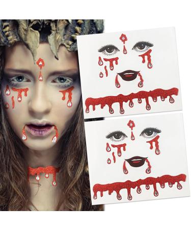3D Halloween Face Sticker Red Glitter Face Temporary Sticker Sliver Diamond Face Art Stickers Red Glitter Art Sticker Design Halloween Party Face/Body/Eye Accessories for Children Adult