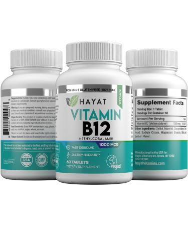 HAYAT Vitamins Vegan Natural Vitamin B12 1000 MCG Dietary Supplement for Energy Metabolism Support 2 Month Supply All Natural Certified Halal 60 Tablets Made in The USA - Buy Online on GoSupps.com