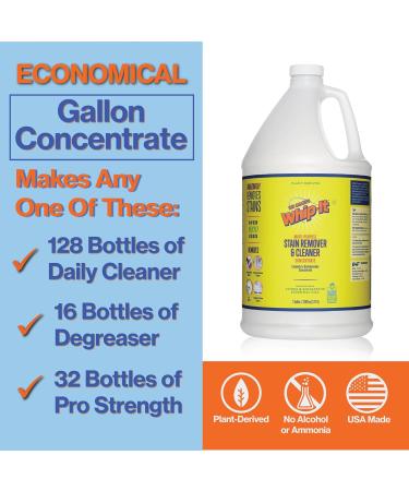 Whip It Cleaner Concentrate - Multi-Purpose Plant-Based Stain Remover (1 Gallon) - Effective Against Food Grease Coffee Wine & Baby Stains - 128 Fl Oz Made in the USA - Buy Online on GoSupps.com