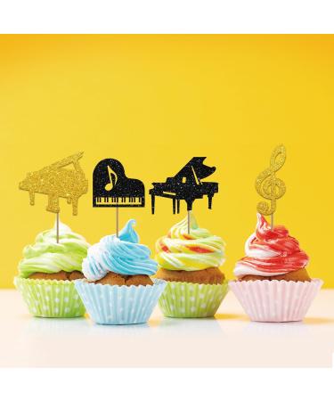 Set of 24 Piano Cupcake Toppers for Musician Birthday Black & Gold Glitter Piano Sign Cupcake Toppers Music Instrument Cake Decoration for Baby Shower/Wedding Party Supplies - Buy Online on GoSupps.com