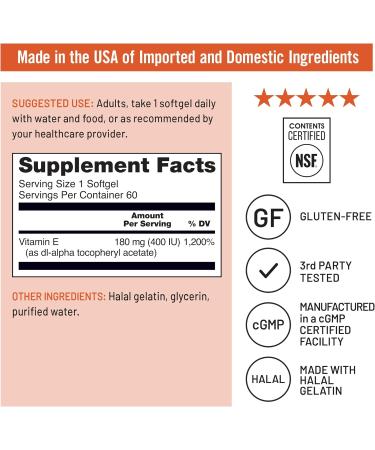 NatureWise Vitamin E 400 IU Softgels (180mg DL-Alpha) - Dairy Gluten and Soy Free Non-GMO Antioxidant Dietary Supplement for Skin Heart Eye and Immune Health Support - 2-Month Supply 60 Count 60 Count (Pack of 1) - Buy Online on GoSupps.com