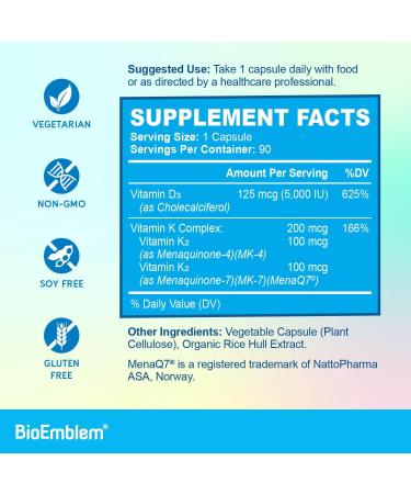 BioEmblem Vitamin D3 K2 Capsules (5000IU and 200mcg) - Patented MK7 and MK4 for 3-in-1 Complex Support - Vegetarian Vitamin D K2 Supplement for Teeth Heart Immune System - Non-GMO 90 Caps 90 Count (Pack of 1) - Buy Online on GoSupps.com