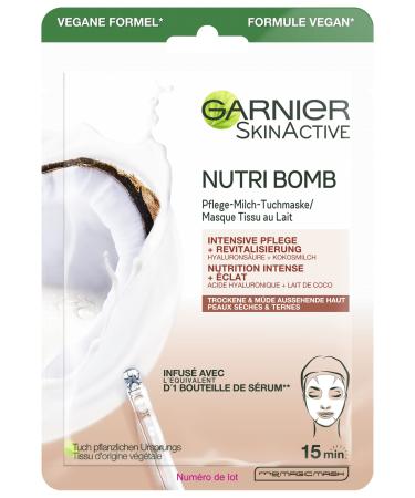 Garnier cloth mask face mask for dry and tired skin intensive care and revitalization vegan formula with coconut milk and hyaluronic acid Nutri Bomb 28 g 28 g (1 Pack) Tuchmask Single Nutri Bomb Kokos - Buy Online on GoSupps.com