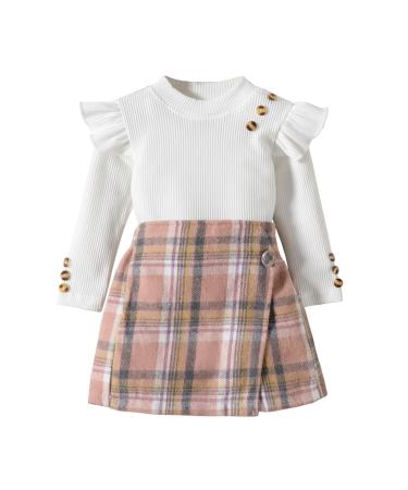 Miipat Baby Girl Clothes Set Fall Winter Long Sleeves Toddler Girls Outfits Pullover Tops with Mini Skirts Sets Girls Dress 3-4 Years WhitePink