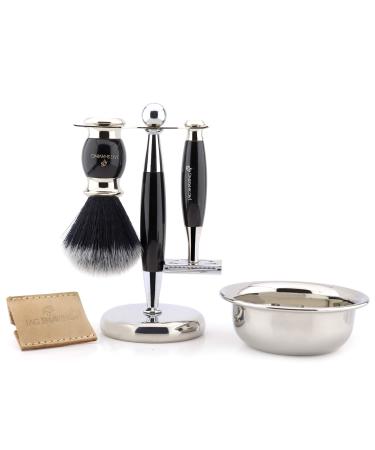 Jag Men's Shaving Set Double Edge Safety Razor with Leather Case Black Silver Tip Shaving Brush Stand and Bowl