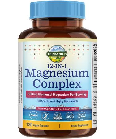 Terranics 12-in-1 Magnesium Complex 500mg, High Absorption Chelated Magnesium Glycinate, Citrate, Malate, Taurate, Orotate & More, for Sleep, Calm, Energy, Heart, Vegan, Non-GMO,120 Capsules
