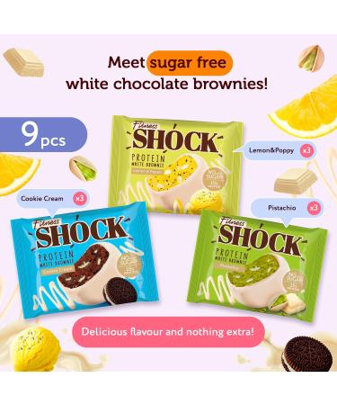 FitnesSHOCK Protein Brownie White Chocolate No Added Sugar 15%/7 5g Protein 233kcal Pre/Post Workout Snack - No Palm Oil Filling dietary fibre Soft Texture 9x50g - Variety pack Mix Box - Buy Online on GoSupps.com