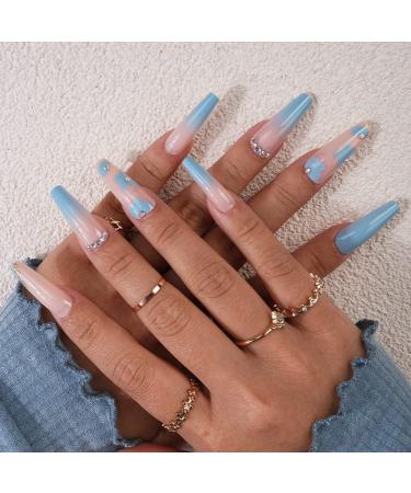 Xerling 24Pcs Blue Gradient Nails for Women Flower Long Coffin Nails Tip Press on with RhinestonesFalse Nails with Designs for Girls Fake Nails (Pattern G)