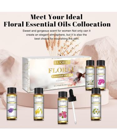 EUQEE Floral Essential Oils Set - 100% Pure Therapeutic Grade Aromatherapy Oils for Diffuser - Lavender, Rose, Ylang Ylang, Jasmine, Geranium, Chamomile - 60ml Total - Buy Online on GoSupps.com