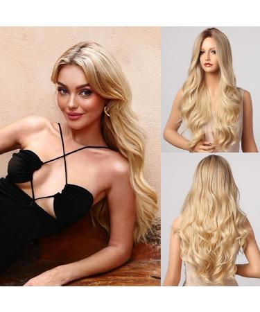 Honygebia Blonde Middle Part Wig - Long Wavy Ombre Blond Wigs with Dark Roots for Women, Curly Synthetic Heat Resistant Hair, Natural Looking Cute Wigs for Halloween/Party/Cosplay Middle Part Blonde