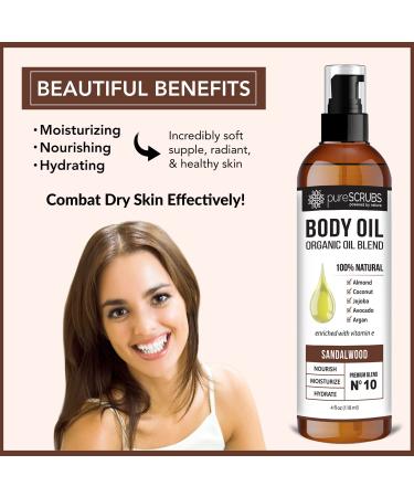 pureSCRUBS Sandalwood Body Oil Spray - Ultra Moisturizing Organic Blend for Dry Skin, Massage, Cuticles & More - Jojoba, Argan, Coconut, Sweet Almond & Avocado Oils with Vitamin E - 4oz - Buy Online on GoSupps.com