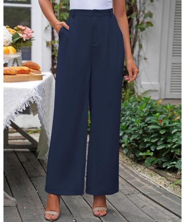 Vetinee High Waisted Wide Leg Dress Pants for Women - Navy Blue | Business Office Trousers with Pockets - Buy Online on GoSupps.com