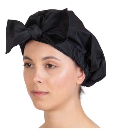 Luxury Shower Cap for Women with Bow - Shower Caps for Women Reusable & Waterproof  Adjustable Hair Shower Cap w/Elastic Hem Black