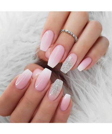24 PCS Sliver Glitter Press on Nails Glossy Pink French False Nails Square Short Fake Nails Full Cover Stick on Nails for Women Girls Daily Wear (Pink White Glitter Gradient) - Buy Online on GoSupps.com