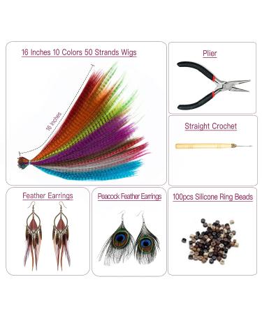 Feather Hair Extensions Kit: 16 Inches 50 Strands Colored Hair Extensions with Rooster & Peacock Feather Earrings - Ideal Christmas Hair Accessories for Women and Girls - Buy Online on GoSupps.com