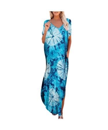 Booboda Womens Tie Dye Print V-Neck Short Sleeve Long Dress Split Beach Maxi Dress Dark Blue XX-Large