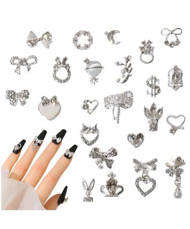 3D Nail Charms 24 Pcs Shiny Nail Rhinestones Gems Heart Bow Dangle Nail Art Charms Silver Metal Nail Jewelry Luxury Nail Art Decoration for Nail Design DIY Crafts (Silver)