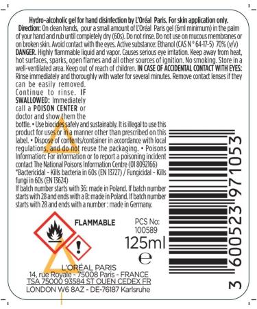 L'Oreal Paris Anti Bacterial Hand Sanitiser Gel Hydro-Alcoholic Kill 99.9% of Bacteria* Without Drying Out 125ml - Buy Online on GoSupps.com