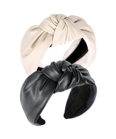 QIANXUAN Wide Hair Bands For Women Black Cloth Headband Tie For Women Leather Headbands For Women With A Tie 2Pcs Pu Artificial Top Knot Glam Girl Fashion Beige+Black - Buy Online on GoSupps.com